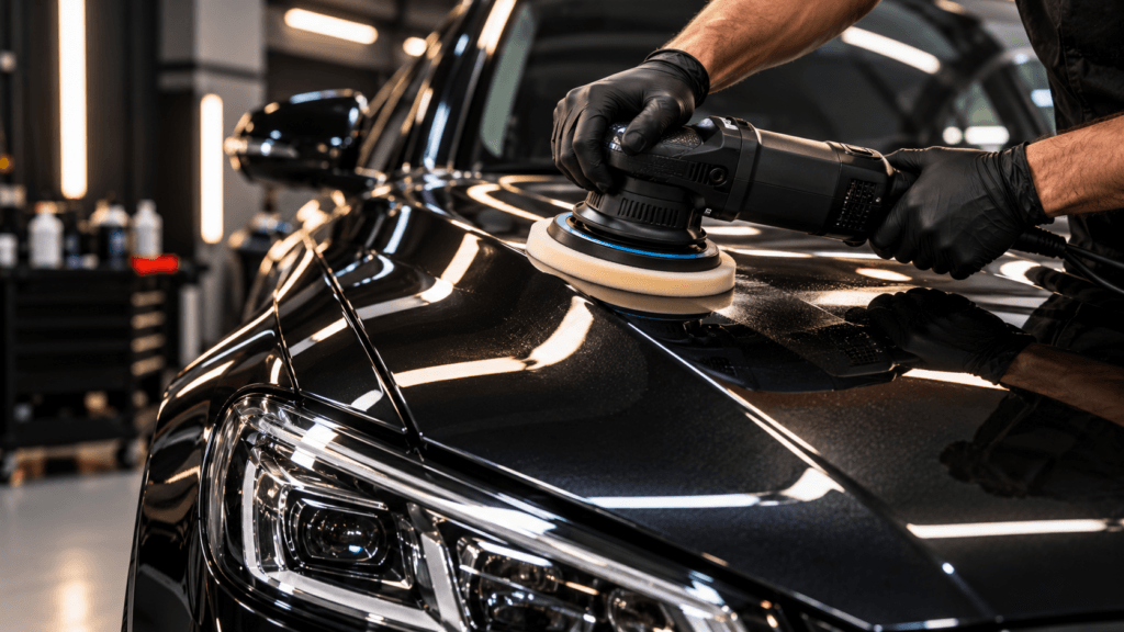 Profissional realiza polimento cristalizado no capô de um automóvel preto com politriz profissional, restaurando o brilho e o acabamento da pintura em ambiente de estética automotiva.